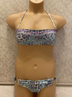 Victoria's Secret Blue & Leopard Bikini with Beaded Rhinestone Trim